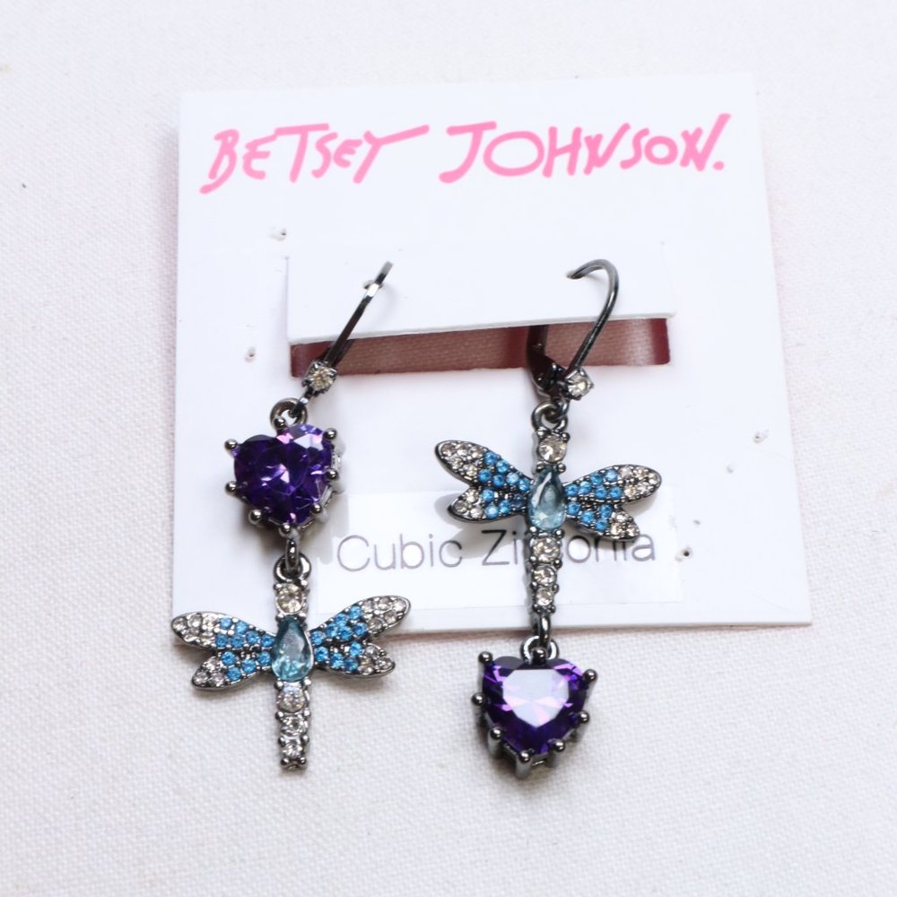 Betsey Johnson Purple Heart & Blue Dragonfly Dangle Earrings